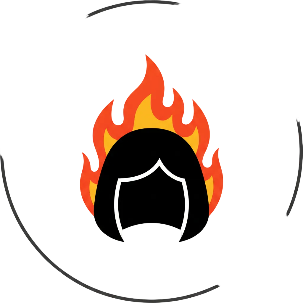 Circular icon with a black silhouette of a helmet with flames on a white background